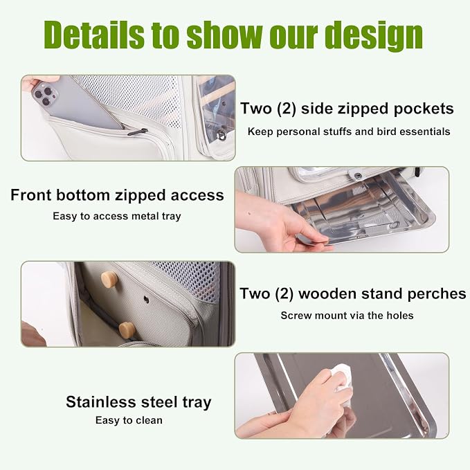 Bird Backpack Carrier with Front Zipper Opening, Portable Bird Travel Carrier Cage with 2 Standing Perches and Metal Tray, Breathable Transport Bag for Parakeet, Budgie, Conure, Cockatiel, Parrot - Image 9