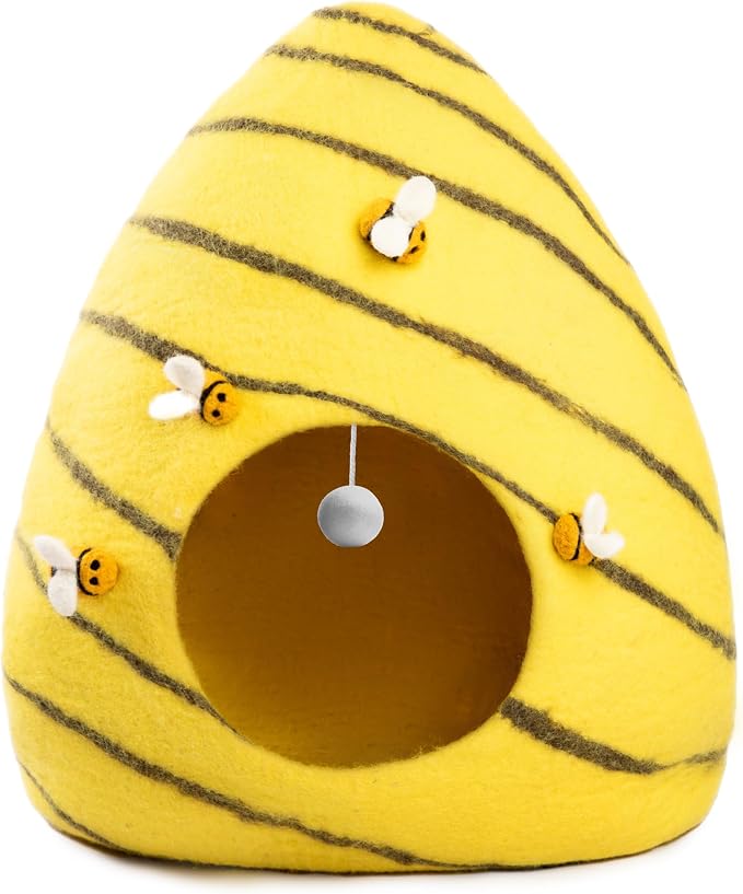 Woolygon Premium Felt Cat Cave Bed – Wool Kitty Beds Handcrafted Kitten Caves Bed for Indoor Cats - Made from Merino Wool, Foldable Cat Hideaway Covered Cat House Pod (Honey Hive) - Image 5
