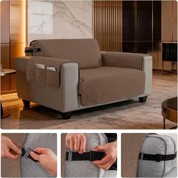 100% Waterproof Quilted Couch Cover,Straps&Pockets,46" Darkbrown | Washable sofa cover, pet-friendly, scratch-resistant furniture protector, quilted sofa cover, reversible, non-slip backing. - Image 6