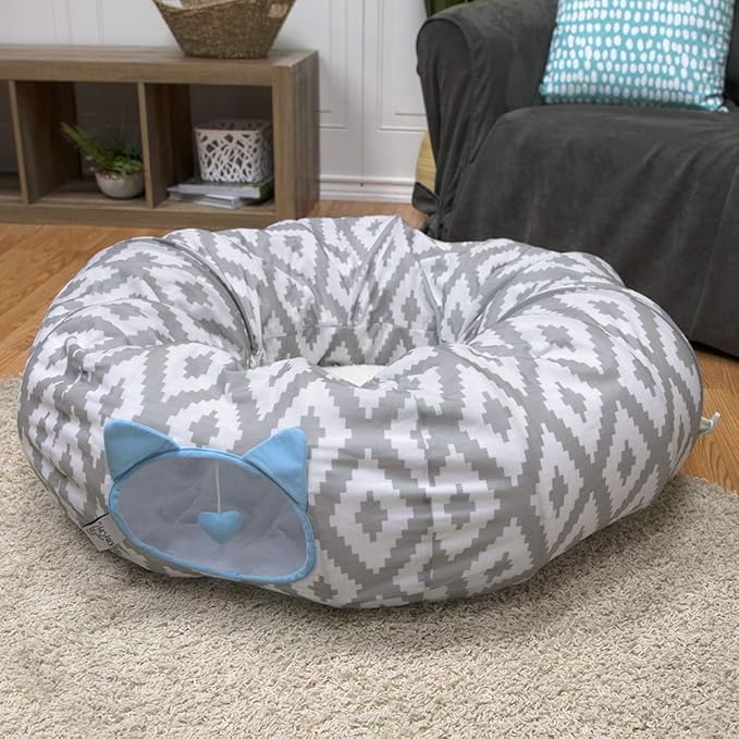 Kitty City Large Cat Tunnel Bed, 2-in-1 Zip-Together Cat Play Tunnel & Plush Nap Bed, Pop-Up Indoor Cat Toy with Hanging Toys, Collapsible Design - White - Image 7