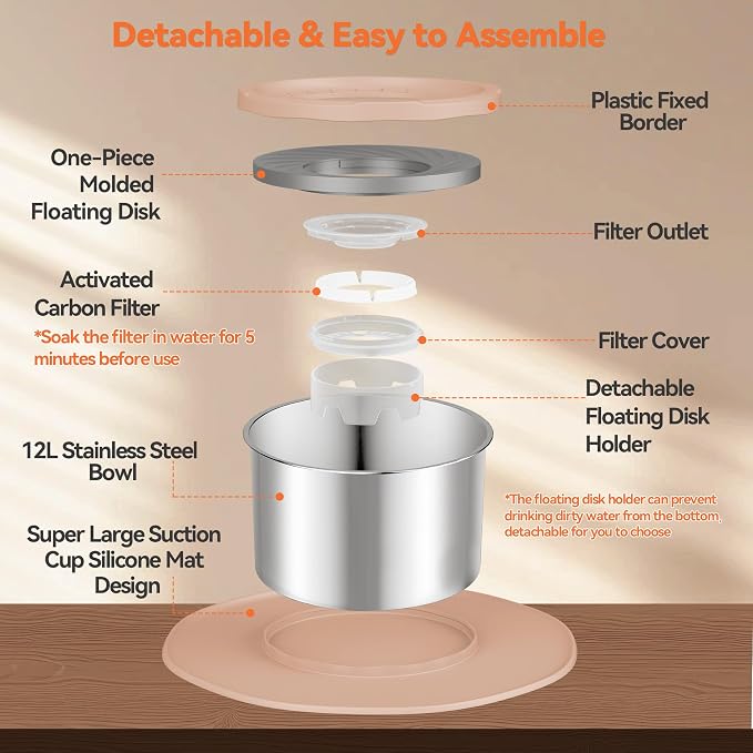 Decflow 12L No Spill Dog Water Bowl for Large Dogs, Stainless Steel Spill Proof Bowls with Suction Cup Anti-Skid Mat, Slow Feeder for Messy Drinkers, Heavy Duty Pet Bowls for Indoor/Outdoor Beige - Image 8
