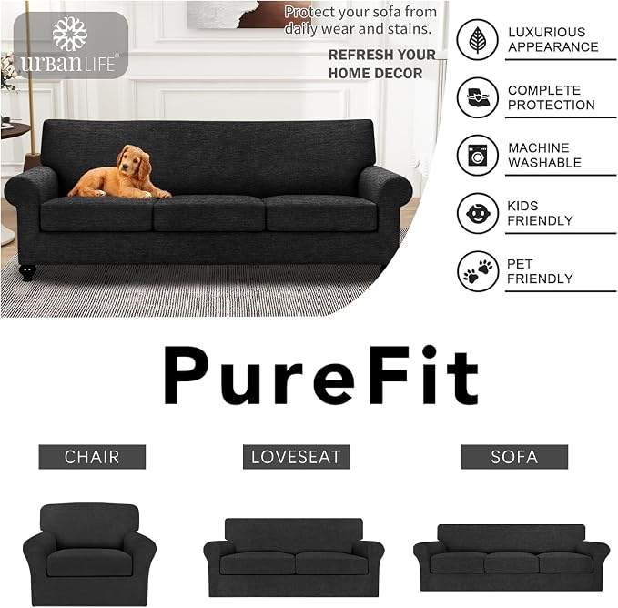 URBANLIFE 4-Piece Stretch Sofa Covers for 3 Cushion Couch, Black | Super fitted spandex slipcovers for couches. Non-slip elastic bottom. Machine washable furniture protector for kids & pets. - Image 7
