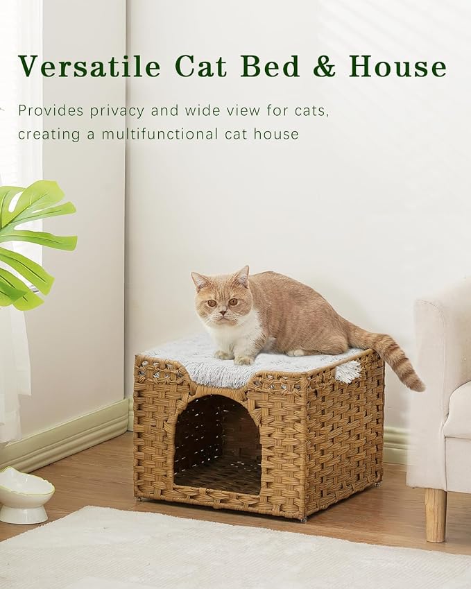 SETVSON Cat Beds Indoor Kitten House, Handwoven Rattan Cat Cave Pet Cube, Large Cat Houses, One Bed Mat, Foldable, Hideaway, 16.5x16.5x13.2 Inches, 2 S-Shaped Hooks in Living Room Bedroom Natural - Image 7