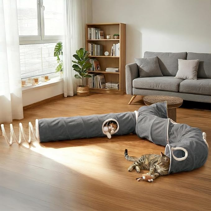 Ownpets 2-in-1 Cat Tunnel Large Lollipop 12" D Collapsible Cave Plush, Grey | Foldable Tunnel Bed, Fluffy Ball, Multi-Exit Maze, For Cats Kittens Puppies Rabbits, Soft Plush, Easy Store, Cozy Hiding Spot - Image 9