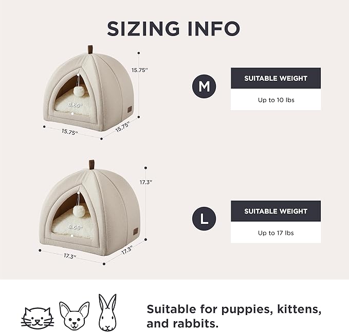 Bedsure 2in1 Cat Beds for Indoor Cats Cave for Kitten with Washable Pillow | 16in, Cat House for Small Pet, Covered Cat Tent, Foldable Hideaway, Fluffy Ball, Anti Slip Bottom, Removable Cushioned ,Beige - Image 5