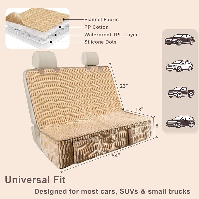 Dog Car Seat Cover, Soft Plush Waterproof Back Seat Protector, Tan | Non-Slip Backing, Full Bench Coverage, Hair, Dirt & Scratch Defense, Machine Washable, Fits Cars, SUVs & Trucks - Image 7