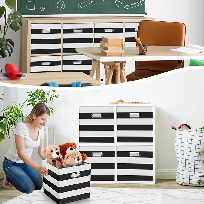CroBlissful 11 Inch 6 Pack Fabric Storage Cubes with Metal Handles, Back to School Collapsible Organizer Bins for Classroom, Closet, Student Room, Toys and School Supplies (Black and White) - Image 6