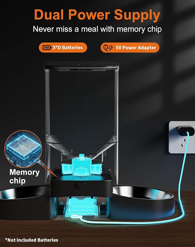 HoneyGuaridan 5L Automatic Cat Feeder for Two Cats, 2.4/5G WiFi Smart Feed Pet Feeder with Stainless Steel Bowl,APP Control Dispenser, Dual Power Supply,Desiccant Bag,10s Meal Call Black - Image 6