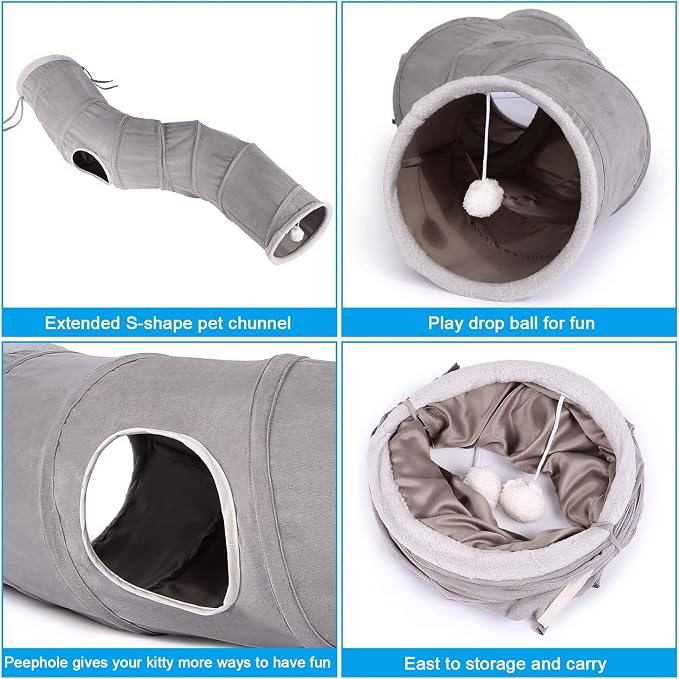 Ownpets S-Shape Cat Tunnel Toy 48"L x 10"D, for Cats, Puppies & Small Pets | Collapsible for storage, tear-resistant oxford fabric, connects to other tunnel, with peek hole, feather wand, indoor/outdoor - Image 9