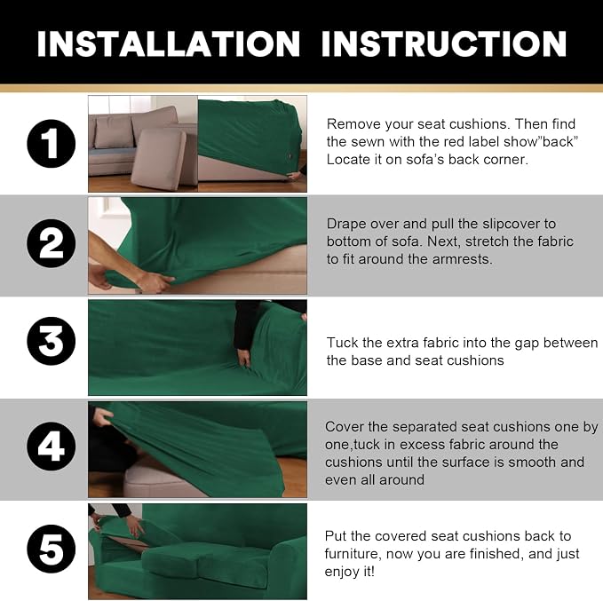PrinceDeco 3 Pieces Sofa Covers Velvet Couch Covers for 2 Cushion Sofa Soft Sofa Covers for 2 Cushion Couch Width Up to 90 Inch Feature Thick Soft Stay in Plac(Medium-Large, Green) - Image 7