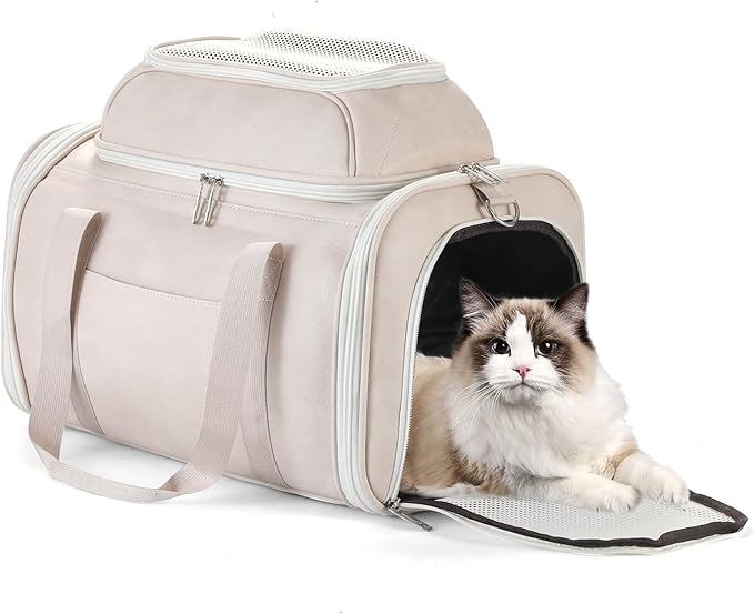 Premium Leather Top Expandable Pet Carrier for Small Dogs & Cats Under 15 lbs, Airline Approved Collapsible Soft-Sided Luxury Travel Bag Beige