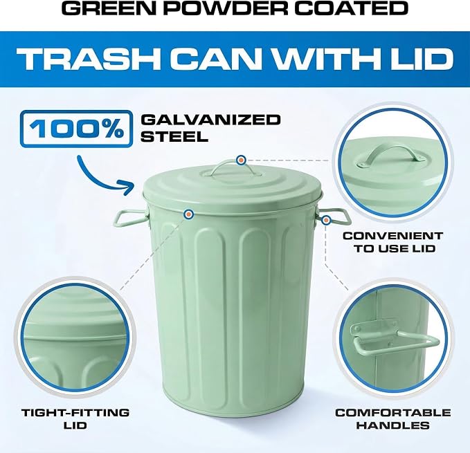 Plexon 5 Gallon Small Metal Trash Can with Lid Outdoor Galvanized Steel Bucket with Lid 5 Gal Storage Can for Dog Food Bird Seed Storage Container, Green 2 Pack - Image 9