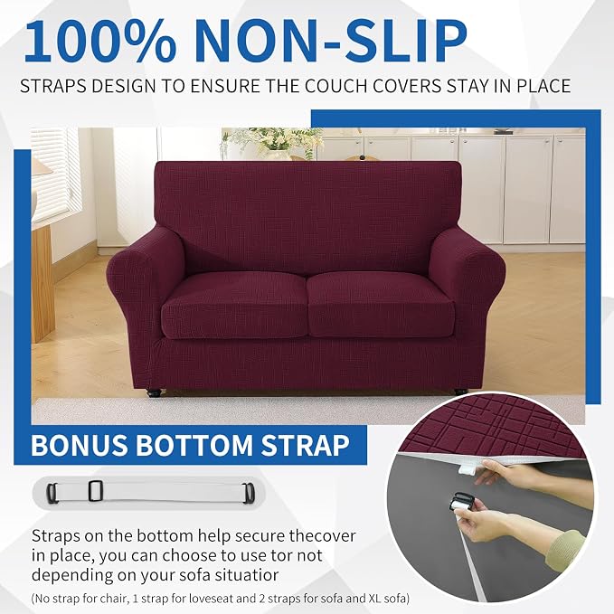CYCMCAO 3 Piece Stretch Sofa Cover Couch Covers for 2 Cushion Couch, Loveseat Covers Stay in Place, Sofa Covers Washable with Elastic Bottom for Dogs (Burgundy), 71"-91" (2 Cushion Sofa) - Image 7