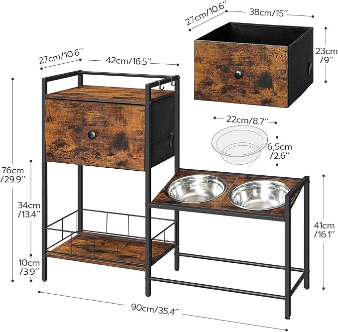 HOOBRO Elevated Dog Bowls Stand with Drawer, Height Adjustable Raised Feeding Station Cabinet with Storage Basket, 4-IN-1 Pet Storage Organizer for Large Medium Breeds, Rustic Brown and Black BF22PO03 - Image 9