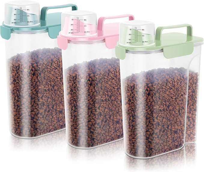 10-20Lbs Portable Cat Dog Food Storage Container with Upgraded Large Spout and Cup Dispenser for Small Large Animal Kibble, Pet Bird Snack, Oatmeal, Rice, Flour, Brown Sugart-3 Pack Pink Blue Green - Image 7