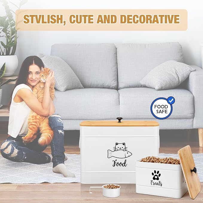 Reallnaive 2 Pcs Large Metal Cat Food Storage Containers 12+3.5 Lbs Decorative Pet Treat Snack Jars Airtight Bamboo Lids & Dry Food Scoop for Farmhouse Kitchen Counter Decor, Pet Owner Gifts(White) - Image 6