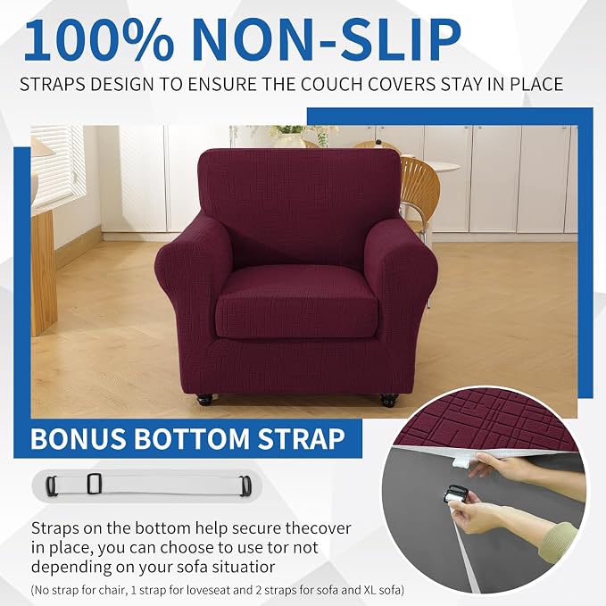 CYCMCAO Stretch 2 Piece Armchair Covers, Non Slip Chair Covers Armchair, Sofa Covers for Pets Washable with Elastic Bottom, Couch Slipcover for Kids, Dogs (Burgundy), 31"-46" (1 Cushion) - Image 7