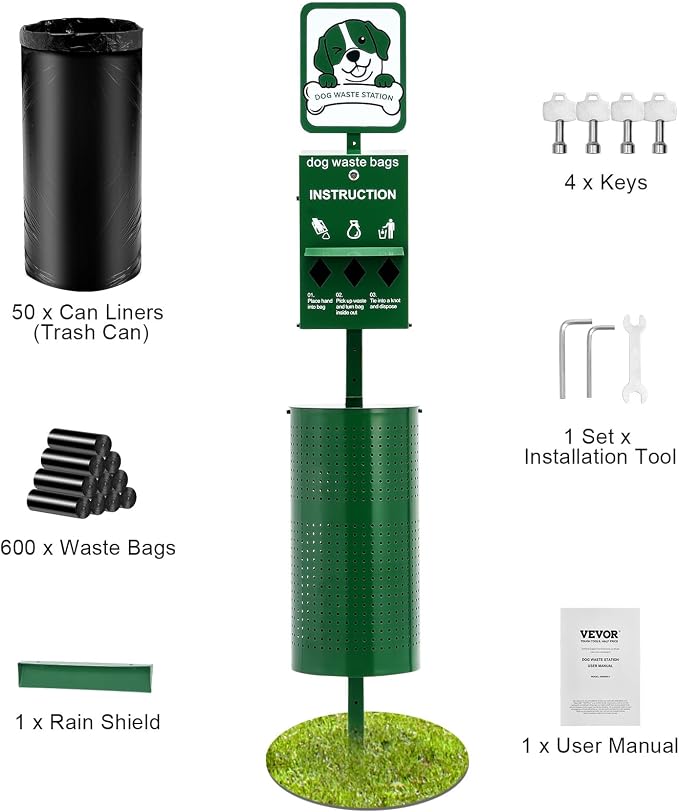VEVOR Dog Waste Station, 11.5 Gallon Pet Waste Station with Lockable Bag Dispenser, 50 Can Liners & 600 Waste Bags, Outdoor Pet Poop Station for Apartments, Parks, Backyard, Dog Waste Disposal System - Image 9