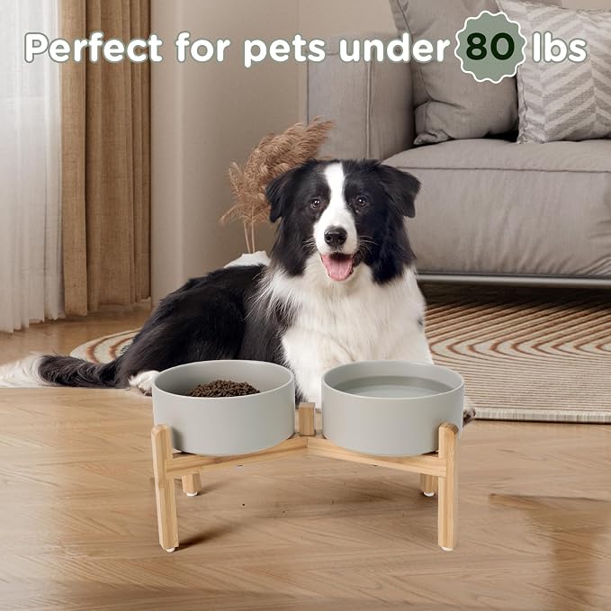 SPUNKYJUNKY Elevated Dog Bowls Ceramic, 7.3'' Dogs Food Water Bowls Raised with Non-Slip Bamboo Stand for Medium to Large Sized Breed Microwave Dishwasher Safe - 42 OZ,Grey - Image 7