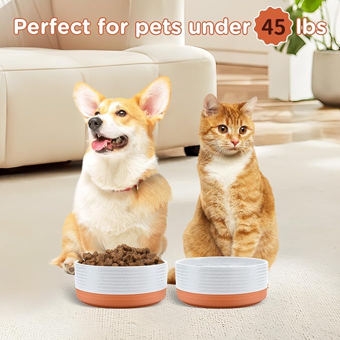 SPUNKYJUNKY Ceramic Dog and Cat Bowls 2 Pack, 6.1'' Dog and Cat Food Water Double Feeding Bowls Non-Slip for Cats and Medium Sized Breed Dogs Microwave Dishwasher Safe - 28.7 OZ, 2pcs, Pattern White - Image 6