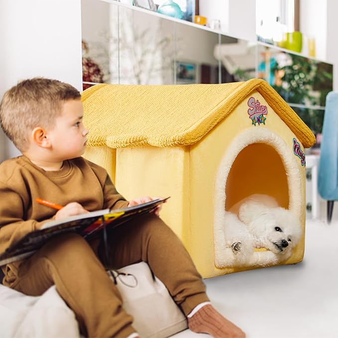 Cat House, Cartoon Cat Cave Bed with Removable Washable Cushion Pillow, Cute Cat Tent, Warm and Soft Chimney Cat House for Dogs Cats Small Animals(L, Yellow) - Image 7