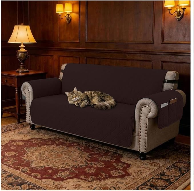 100% Waterproof Quilted Couch Cover,Straps&Pockets,68" Chocolate | Washable sofa cover, pet-friendly, scratch-resistant furniture protector, quilted sofa cover, reversible, non-slip backing. - Image 7