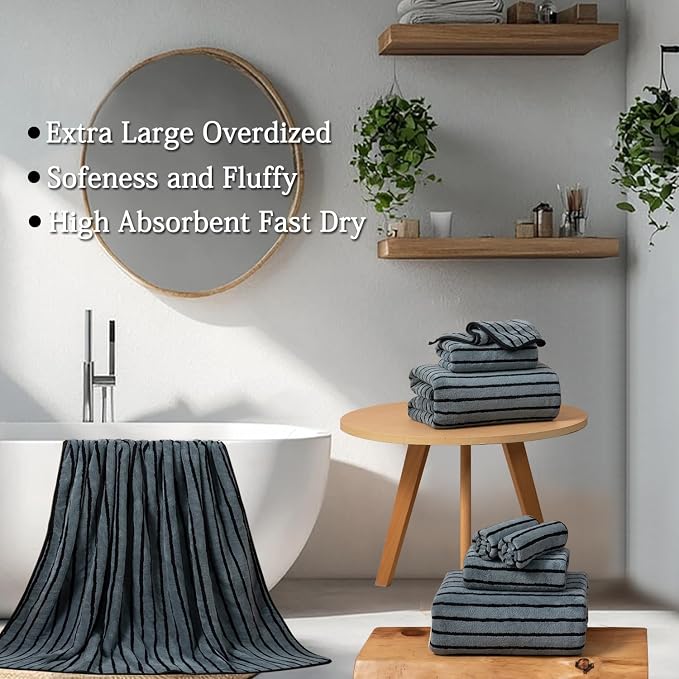 Mistyrose Bath Towels,4 Pack Black Stripe 35"x70" Large Bath Towels Microfiber Absorbent XL Bath Sheets Super Soft Towels for Bathroom Quick Dry Oversized Shower Towels for Family Hotel Spa Gym - Image 9