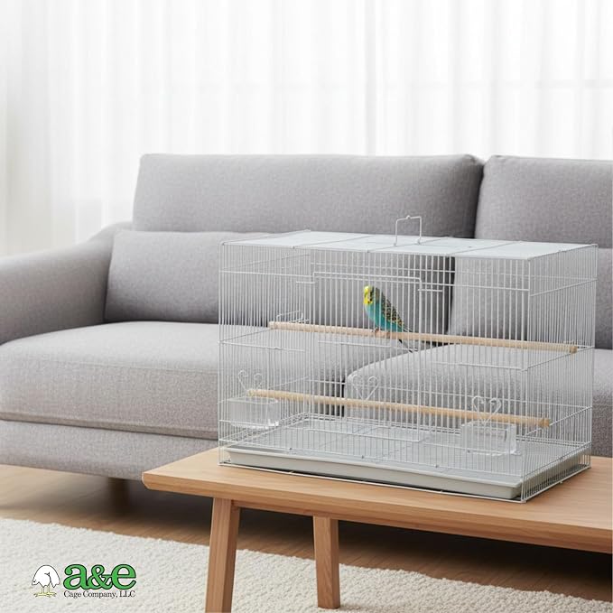 A&E Cage Co 503 Flight Bird Cage for Finches & Parakeets, 24"x16"x16" White | 2 Feeder Stations, Wood Perch, Slide-Out Cleaning Tray, Carry Handle, Safe Bar Spacing for Small Birds - Image 7