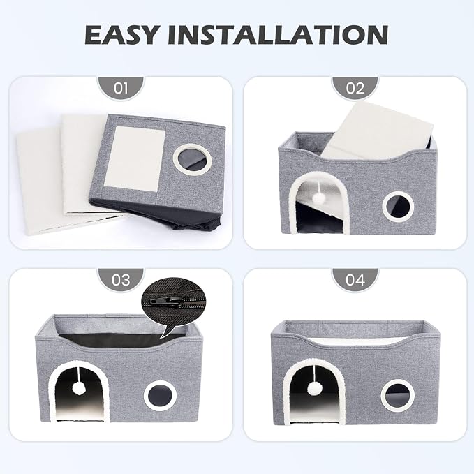 Heeyoo Cat House for Indoor Cats - Large Cat Bed Cave with Fluffy Ball and Scratch Pad, Foldable Cats Houses & Condos, Cat Hideaway, Covered Kitty Bed for Multi Small Large Kitty, 23.8x15.9x13.2 Inch - Image 8
