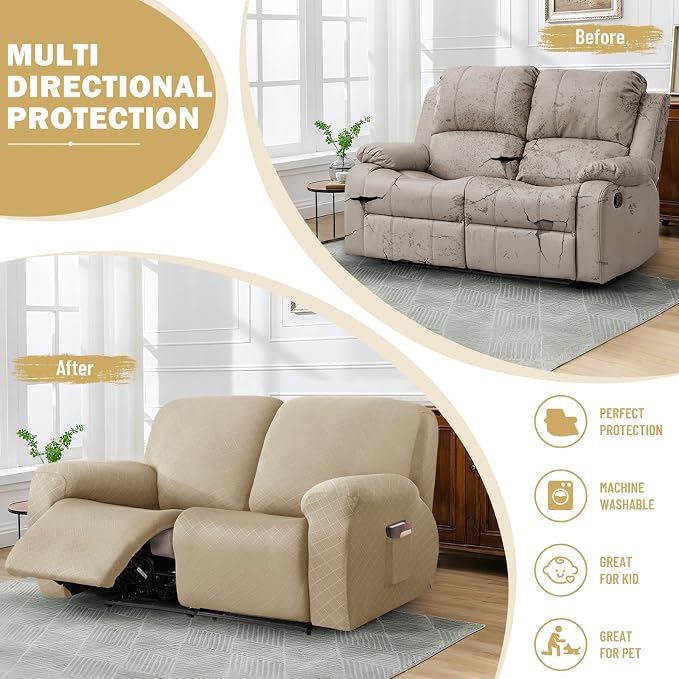 vctops Diamond Recliner Loveseat Slipcover 6-Pieces Stretch Dual Recliner Sofa Covers for 2 Seat Dual Reclining Loveseat Couch Soft Solid Furniture Protector (Light Coffee,2 Seat) - Image 5