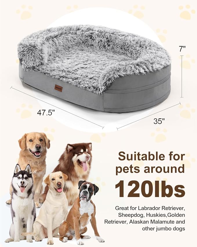 iweepet Fluffy Calming Jumbo Orthopedic Dog Beds for Extra Large Dogs, Supportive Dog Sofa Bed with 3.7 inch 28D Egg-Crate Foam, Removable Washable Plush Cover, Waterproof Lining, 48’’,Grey - Image 9