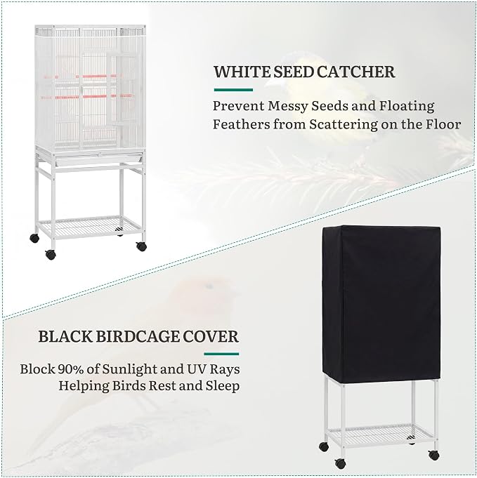 DWVO 53.9-Inch Metal Bird Cage: Large Parrot Cages with Seed Catcher & Cover - Rolling Stand with Brakes for Parakeets, Lovebirds, Cockatiels, Finches and Pigeons - Image 5
