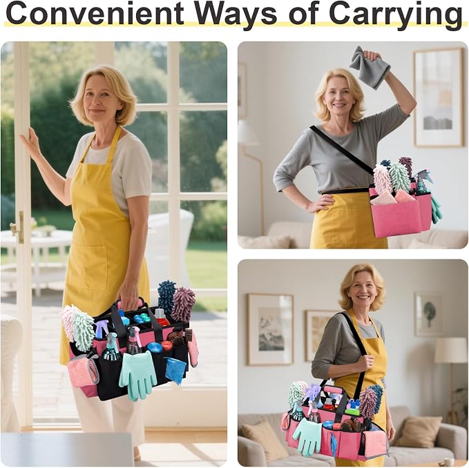 Wearable Large Cleaning Caddy Bag for Housekeeper, Clean Supply Organizer with Adjustable Shoulder, Waist & Handle Straps, Detailing Bag for Kitchen Supplies (Rosered) - Image 7