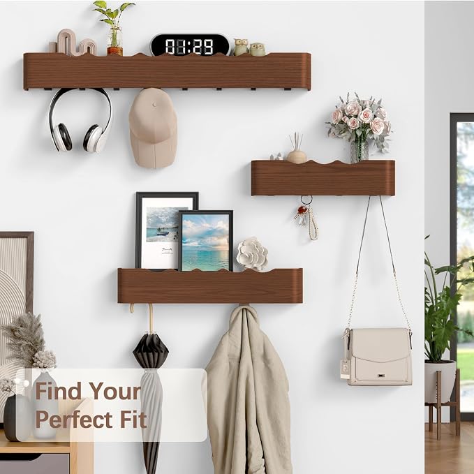 Coat Rack Wall Mount with Hidden Hooks, Wall Hooks with Shelf, Wall Key Holder Mount Wooden Shelf Entryway Hooks for Bedroom Bathroom for Hanging Coats Hats Bags Towels (Walnut Wave-Shape, 4 Hooks) - Image 7