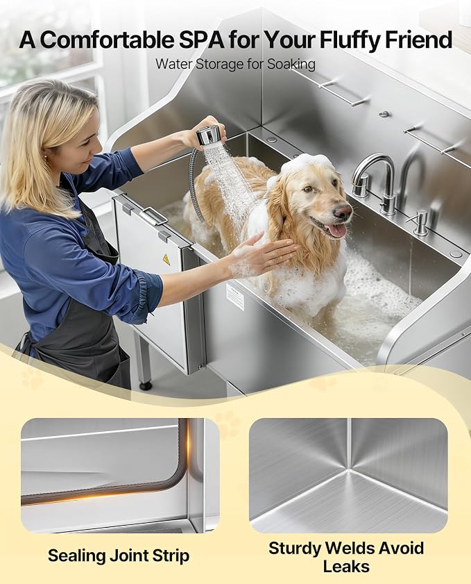 VEVOR Professional 304 Stainless Steel Dog Bathing Station, 61 inch Pet Grooming Tub w/Anti-Slip ramp, Storage Drawer, Cold Hot Faucet Showerhead, for Large & Medium & Small (Left Door, with Drawer) - Image 9