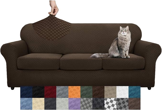 YEMYHOM Latest Checkered 4 Pieces Couch Covers for 3 Cushion Couch High Stretch Thickened Sofa Cover for Dogs Pets Elastic Slipcovers Living Room Furniture Protector (Dark Coffee), 71"-91"(3 CUSHIONS) - Image 8