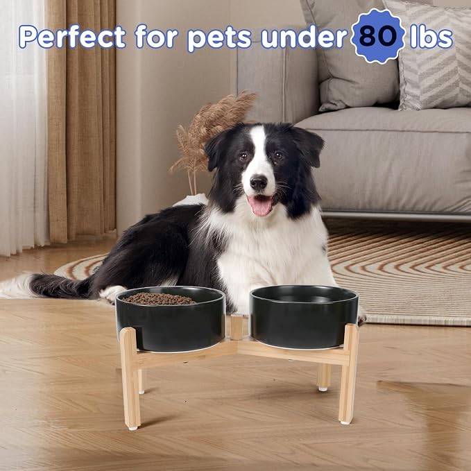 SPUNKYJUNKY Elevated Dog Bowls Ceramic, 7.3'' Dogs Food Water Bowls Raised with Non-Slip Bamboo Stand for Medium to Large Sized Breed Microwave Dishwasher Safe - 42 OZ,Black - Image 7