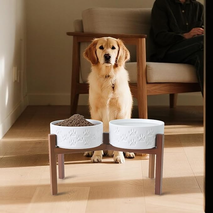 SPUNKYJUNKY Ceramic Elevated Dog Bowl Set with Acacia Wood Stand for Food and Water for Large Dogs (60.87 OZ, White, Dog Paw Pattern) - Image 6