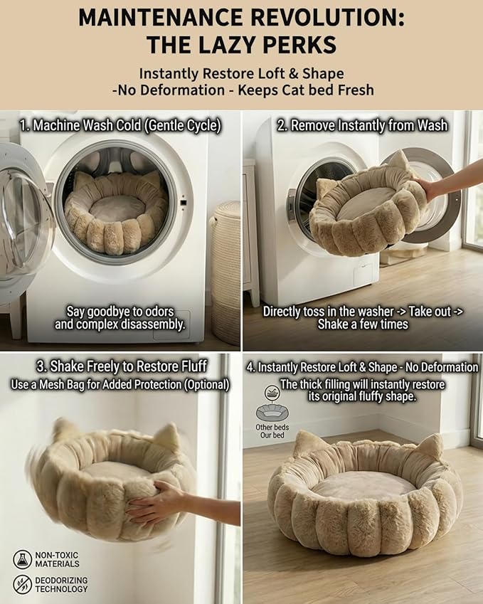 Premium Feline Space 24 Inch Washable Cute Fluffy Large Cat Beds for Indoor Cats, Fuzzy Faux Fur Calming Lounger with Ears, Cozy Warm Pet Nest, Thick Private Fortress - Image 6