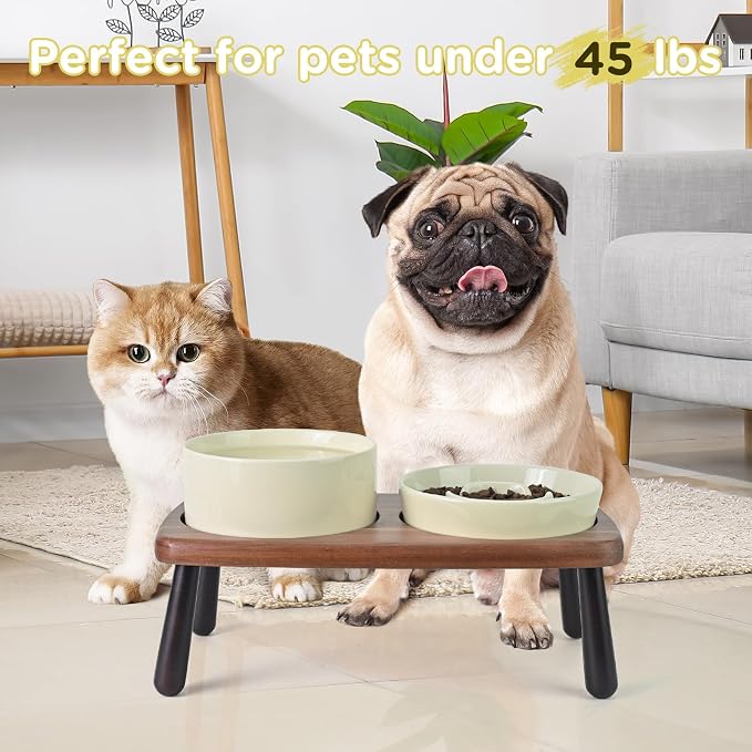 SPUNKYJUNKY Ceramic Elevated Dog Bowls with Slow Feeder Raised with Acacia Bamboo Wooden Stand, 6.1'' Dog and Cat Food Water Bowls Set Non-Slip for Small Medium Sized Breed - Beige - Image 7