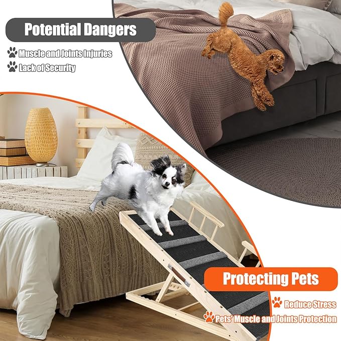 GaliGali Dog Ramp, Adjustable Portable Folding Pet Ramp, Grey 43.3" Long Wooden with Non-Slip Traction Pad for Small Old Dogs and Cats, Applies to Sofa, Couch, Car NO.GGPTZHI-110