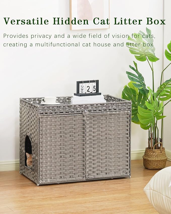 SETVSON Cat Litter Box Enclosure Furniture, Handwoven Rattan Hidden Litter Box with Mat, Large Space Cat House with 2 S-Shaped Hooks 30.3 x 18.3 x 24.4 Inches, Indoor for Living Room Apartment Gray - Image 7