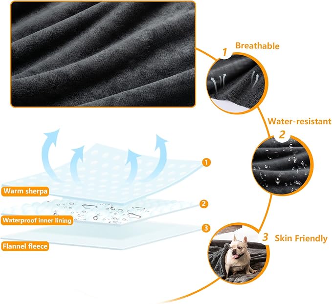Waterproof Dog Blanket Reversible Pet Puppy Blankets for Couch Sofa Bed Covers Leakproof Warm Fluffy Cat Cover Washable Gray Mat-L-65x57in - Image 5