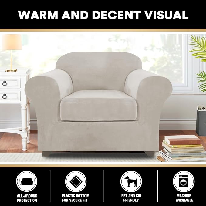 PrinceDeco Velvet Plush Couch Cover Stretch 2 Piece Chair Cover Chair Slipcover Washable Furniture Protector Couch Soft with Elastic Bottom Armchair Cover Width Up to 49 Inch(Small, Oatmeal) - Image 8
