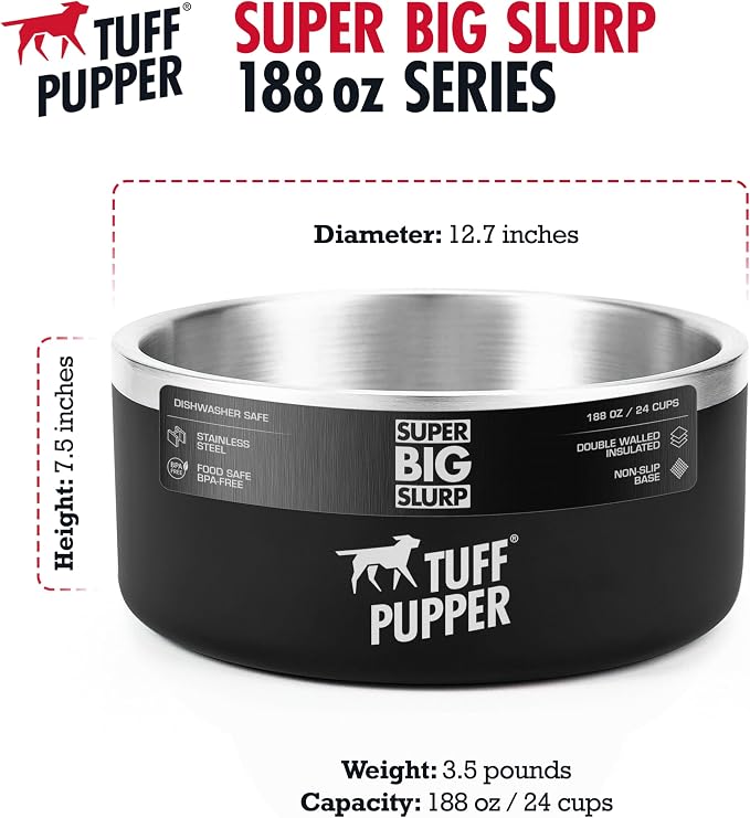 Tuff Pupper Heavy Duty Insulated Dog Bowl | Double Wall Stainless Steel Dog Food Dish | Non-Slip Spill Proof Dishwasher Safe Cat Bowl | Water Dish for Feeding Large Medium Small Pets (188oz, Black) - Image 7