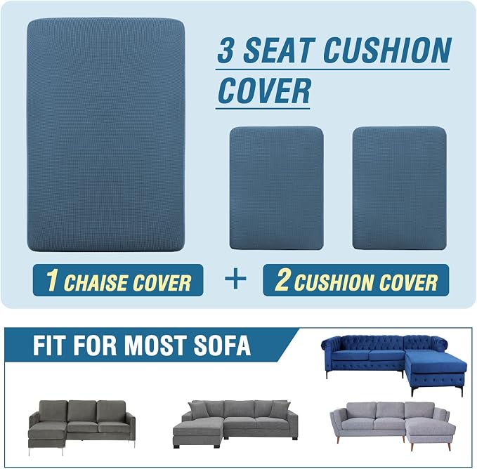 H.VERSAILTEX Sectional Couch Covers 3 Pieces Sofa Seat Cushion Covers L Shape Separate Cushion Couch Chaise Cover for Both Left/Right Sectional Couch (Seat Only: 1 Chaise + 2 Sofa, Dusty Blue) - Image 8