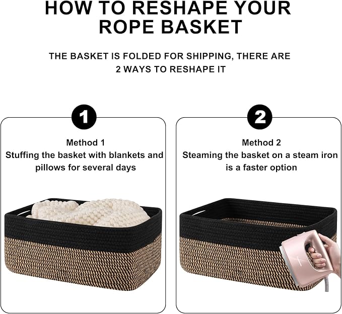 OIASKET Storage Baskets for Organizing 3 Pack, Woven Baskets for Shelves, Closet Organizer Bins Empty Gift Basket Toy Storage for Toys, Books, Towels, Clothes, 15"x11.42"x6.7", Black & Yellow - Image 8