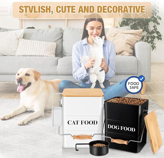 Tioncy 2 Pcs Metal Dog and Cat Food Storage Containers Big Pet Food Containers with Bamboo Lids and Spoon Airtight 5-7 Lbs Dog Cat Treat Snack Jars with DIY Labels for Kitchen Counter(White,Black) - Image 6