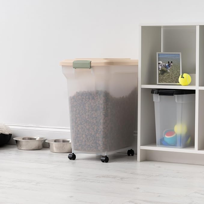 IRIS USA Dog Food Storage Container 58 lbs, Attachable Wheels, for Dog Cat Birds and other Pets, Food Storage Bin, Keep Fresh, Easy Mobility, BPA Free - Made in the USA, Almond/Clear - Image 11