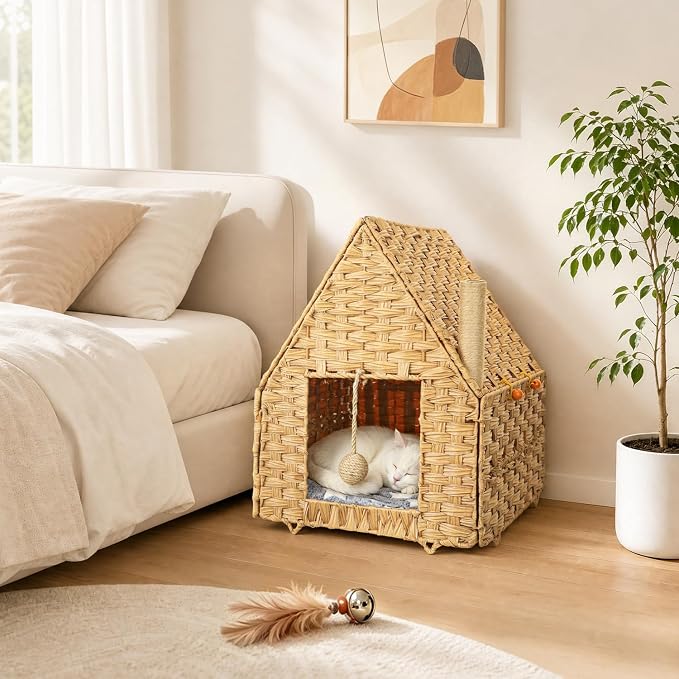 Handwoven Rattan Cat Bed for Indoor Kitten, Cat Cave Bed with Sisal Ball, Cushion & Cat Scratch Post, Foldable Hideaway Cat Hut in Bedroom Living Room, Natural - Image 7
